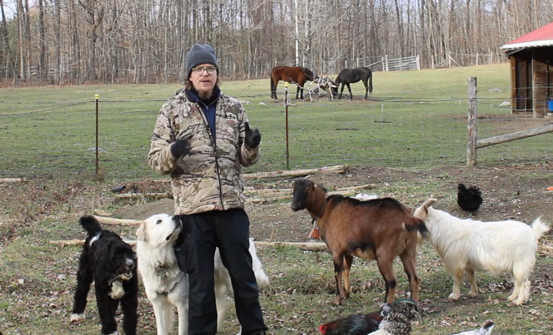 Jesse Hirsh on his farm surrounded by goats, dogs, and chickens, with horses in the background.